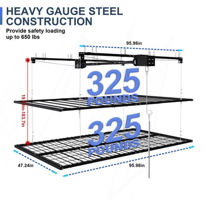 Support de rangement de garage à double couche au-dessus de 4 pi x 8 pi pour plafonds hauts de 10 à 12 pi, capacité en acier de 650 lb avec serrure, lisse, sécuritaire et silencieux (installation requise, organisateur de garage robuste)