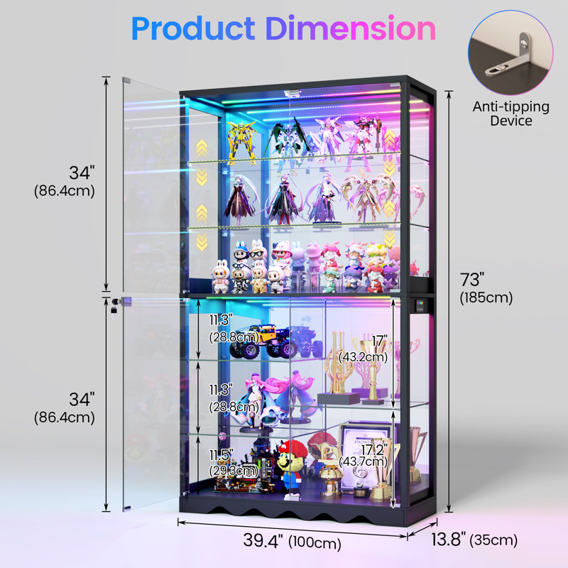 72.8" H Glass Door Display Case, Multi-Level Storage Cabinet With Rgb Lighting & Human Body Sensors, Black