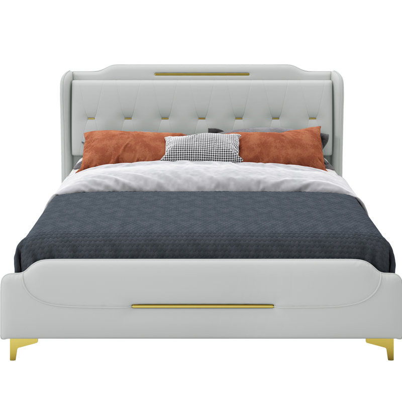 Lit plateforme en cuir gris pour grand lit, décoration en métal doré sur les pieds, les lattes, cadre en tissu d'ameublement en polyuréthane de grande taille facile à installer avec tête de lit à oreilles, support solide, look luxueux