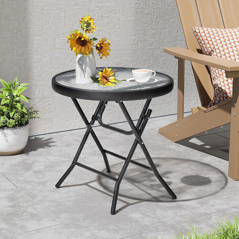 Table d'appoint d'extérieur pliante avec plateau en verre trempé, petite table d'appoint pour le porche, la cour, le balcon, la terrasse, la pelouse ou le jardin, noir
