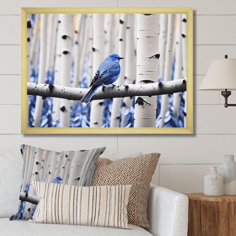 Markeis - oiseau bleu gris en forêt I - impression, 24" H x 32" W, Gold Picture Framed