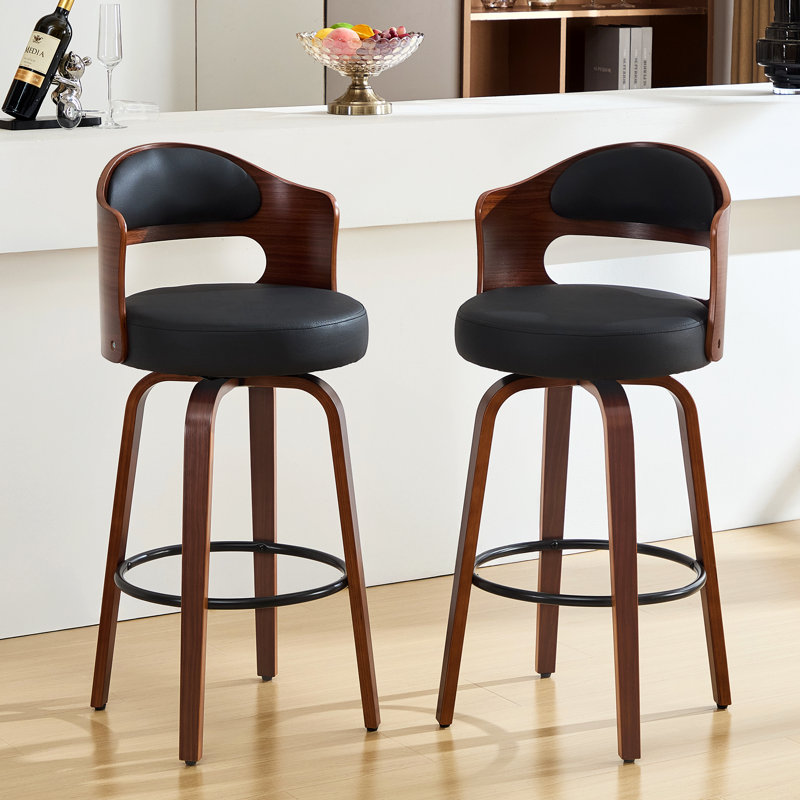 Curved Wood Swivel Barstools-PU Leather best for kitch island,home bar and workspaces, Black, Bar Stool (29.3” Seat Height)