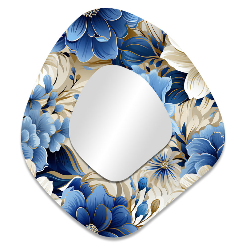 Blue And White Flowers Harmony I - Floral Asymmetrical Decorative Wall Mirror, Blue Unique Shape Large Mirror, Printed Metal Art