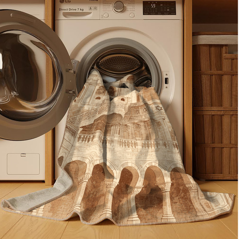 Machine Washable Paublo Amman Citadel Jordan Vintage Vintage Look Rug in Beige – Beige Binding, 5x7