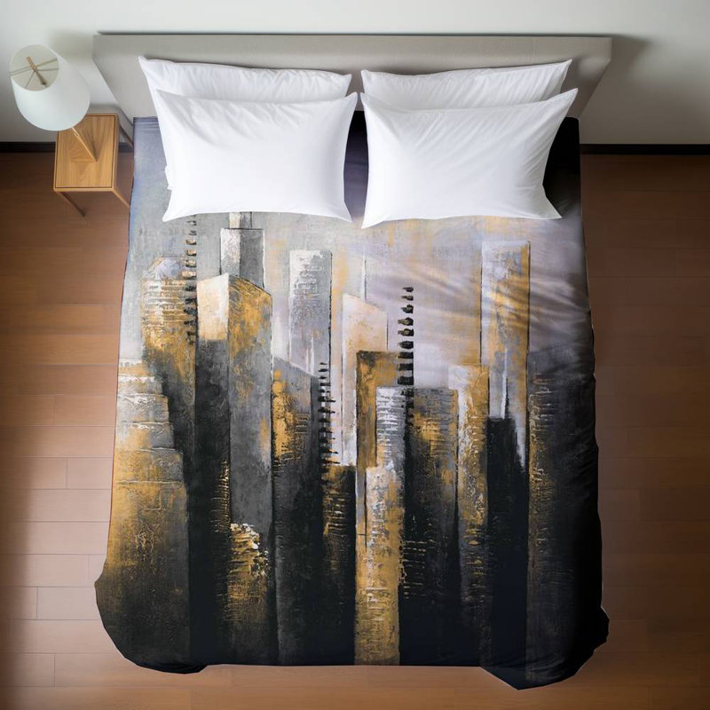 Contemporary Gray Queen Duvet Cover | Abstract Gold Design