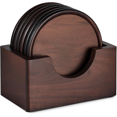 Wood Coasters With Holder, Set Of 6 Walnut Wooden Coaster Tabletop Protection For Drinks Coffee Table Home Kitchen Office Bar Living Room Decor Housewarming Gifts Wedding Party