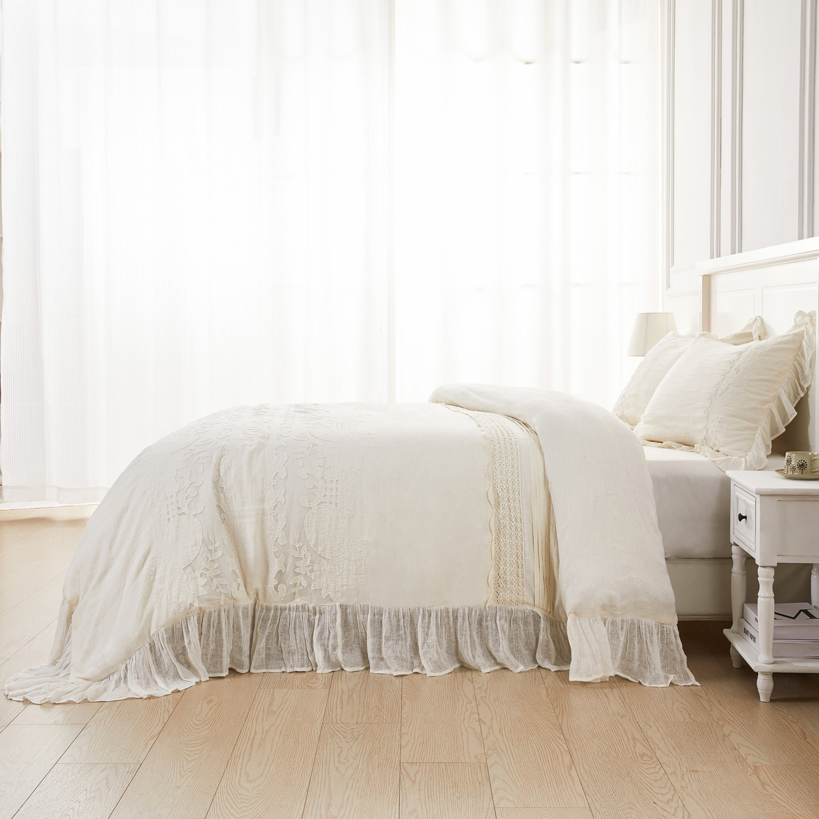 100% Linen Duvet Cover Set, King Duvet Cover + 2 King Shams, Ivory