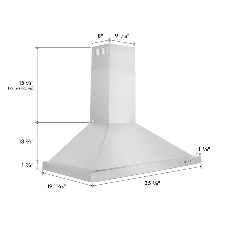36" 400 CFM Convertible Wall Mount Range Hood, 304 Grade Stainless Steel