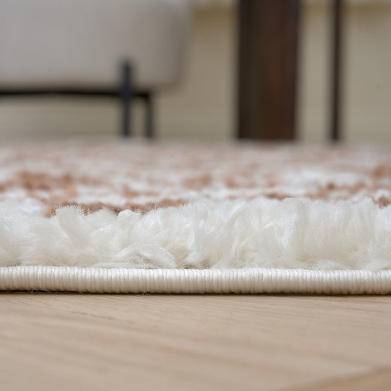 Moodi Modern Shaggy Area Rug Checkered Design, Round 120 cm, Off-White/Terra