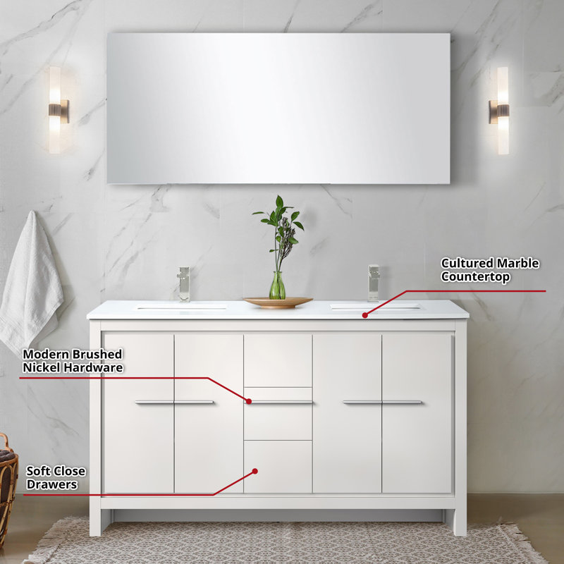Lafarre 60" W x 20" D Double Vanity Mirror & Faucet, White, White Cultured Marble