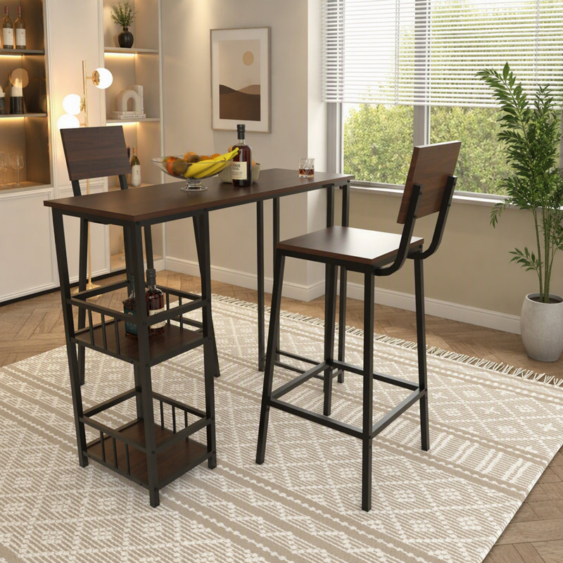 Ensemble de table de bar 3 pièces avec tabourets de bar et tablettes de rangement latérales