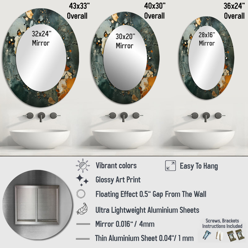 Golden And Green Terrazzo Marble Elegance IV - Green Modern Oval Wall Mirror, 36" x 24"