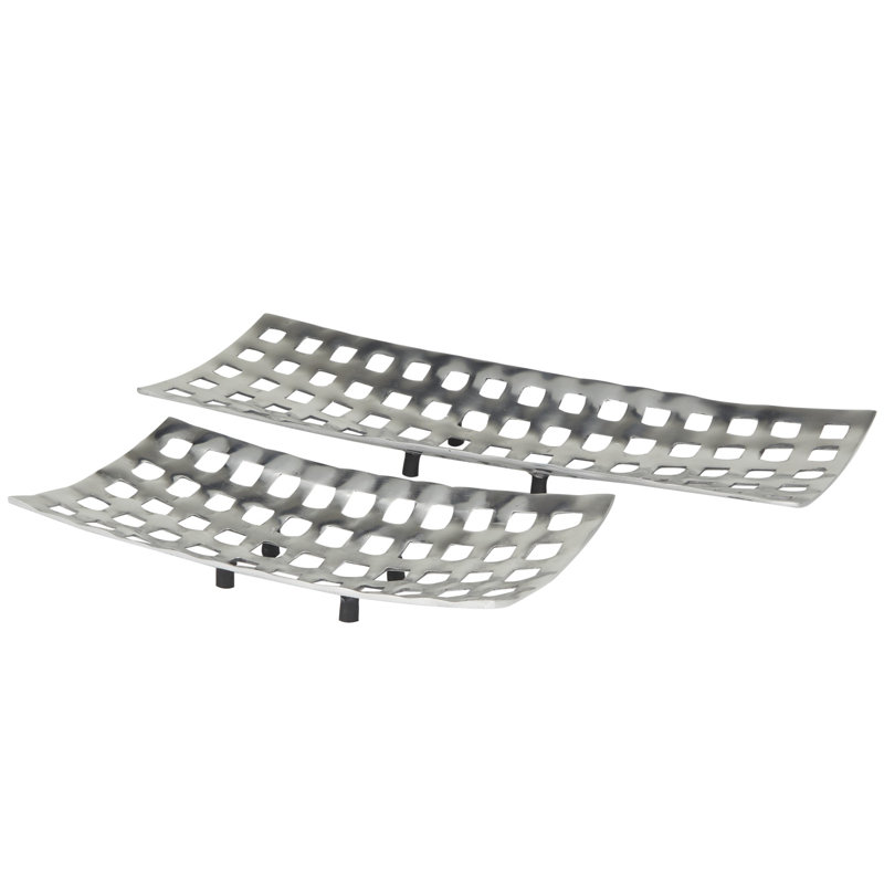 Silver Aluminum Grid Design Decorative Tray Set
