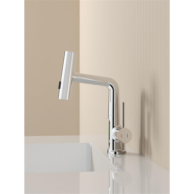 Pull-Out Lift LED Temperature Digital Display Bathroom Basin Faucet, Single Handle 360° Rotatable Waterfall 3-In-1 Basin Tap With Adjustable Height