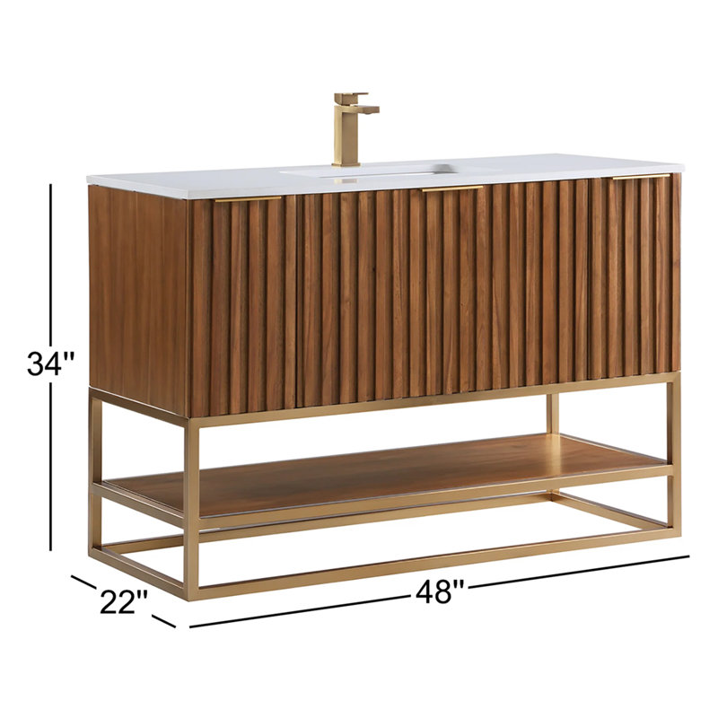 Terra 48'' W Single Vanity, Walnut, Satin Brass, Calacatta Quartz/Widespread Faucet Mount
