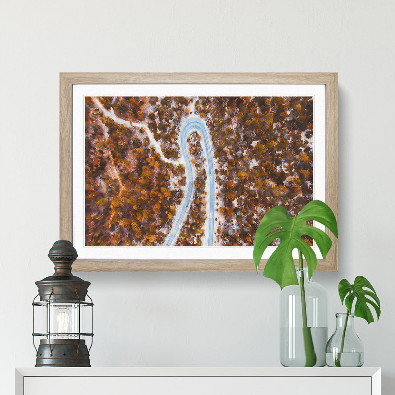 Bend In The Forest Road Painting - Single Picture Frame Print on MDF, 24cm H x 33cm W x 2cm D, Oak