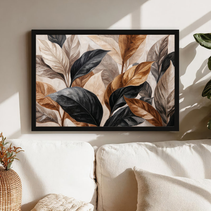 Art mural sur toile noir encadré pour le salon, la chambre à coucher, le bureau ou le vestibule - décoration murale décorative avec motif de feuilles
