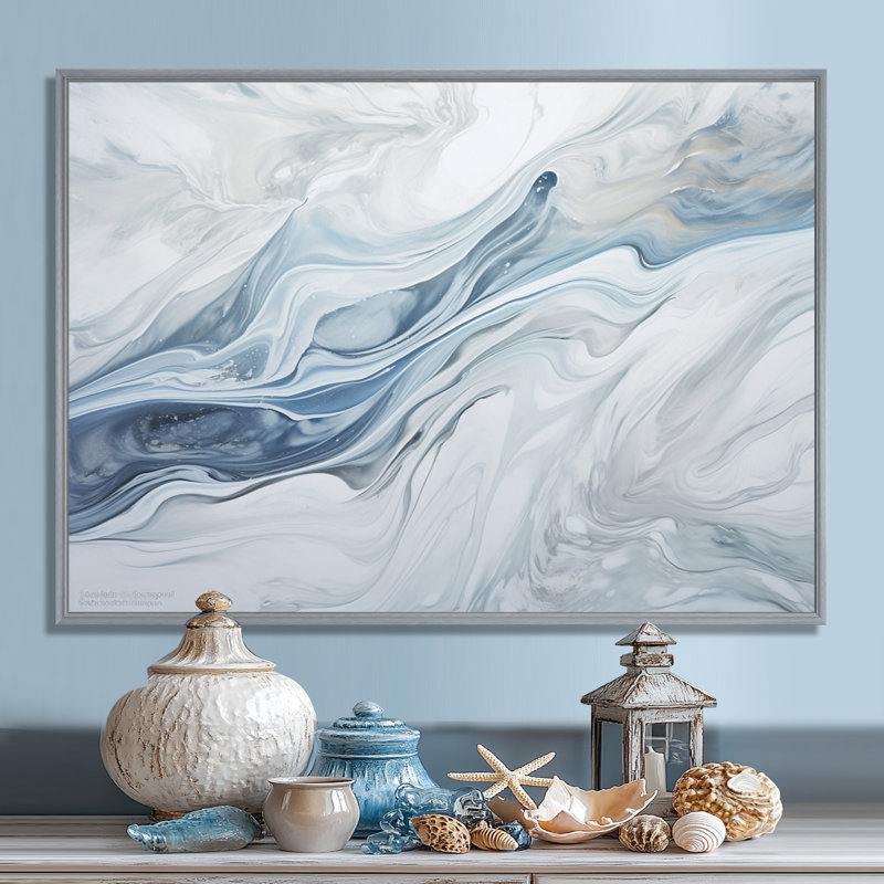 Gris et bleu, charme de glacier, liquide - Art mural glacier, H 24 po x l 32 po, Reproduction avec cadre flottant, Silver