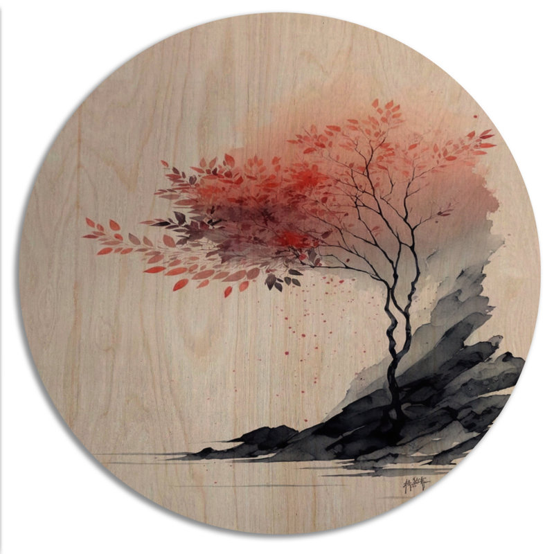 Aquarelle rouge sur la montagne I - Paysage forêt, art mural bois de pin naturel, H 29 po x l 29 po x P 1 po
