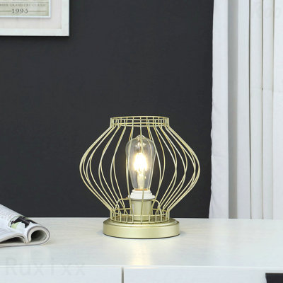 Table Lamp - 9.5" Industrial Farm Cage Design, Satin Matte Gold Finish, Uplight, Metal Frame