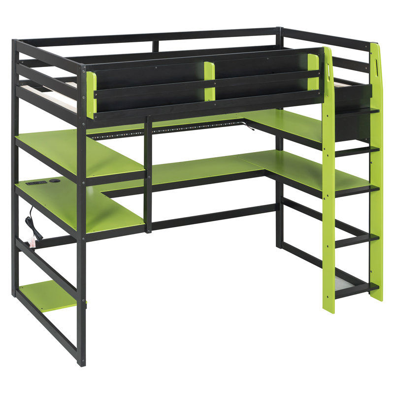 Lit mezzanine simple en bois avec bureau, support de rangement latéral, tablettes multiples et lumière RVB, vert, Vert