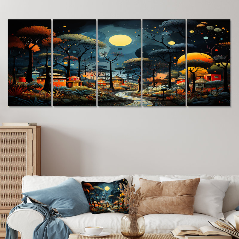 «Yellow Yellow Pygmy Village Chronicles II - Tribal africain», art mural 5 pièces, H 32 po x l 80 po