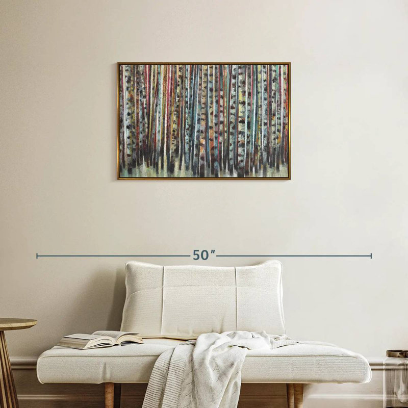 Forêt de bouleaux peinte, Cadre flottant doré, 31 po x 21 po