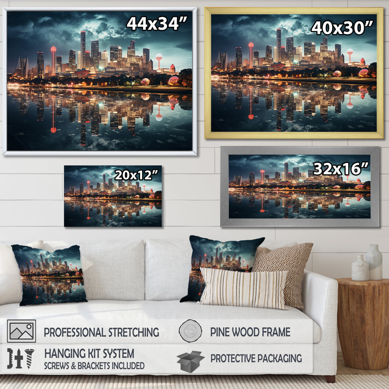 «Dallas Beautiful Cityscape Spot I», reproduction sur toile, 34" H x 44" W, Cadre flottant doré