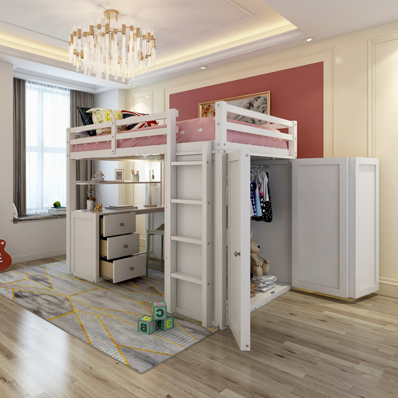 Granvel Kids Full Loft Bed with Drawers, White