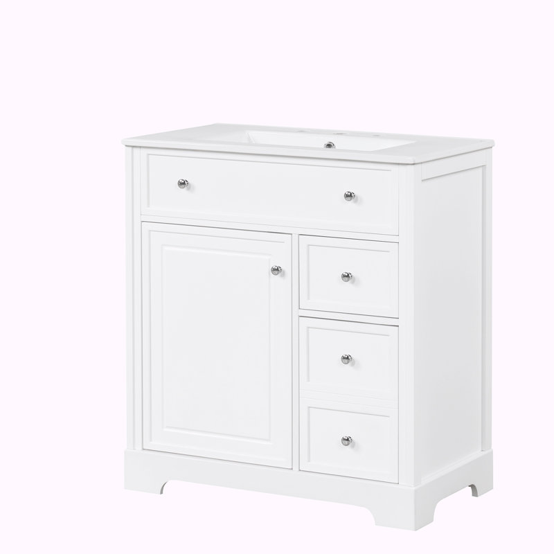 Meuble-lavabo simple 30 po avec plateau en céramique Bayview, Blanc / Blanc