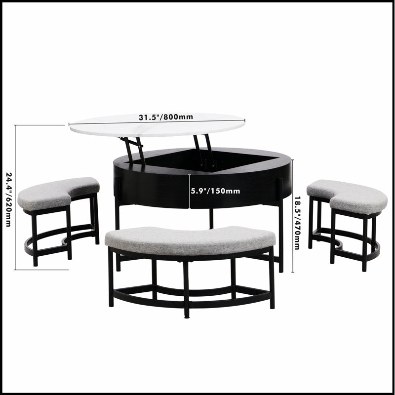 Table basse moderne à plateau relevable avec rangement et 3 repose-pieds, blanc et noir, parfaite pour les espaces de vie contemporains