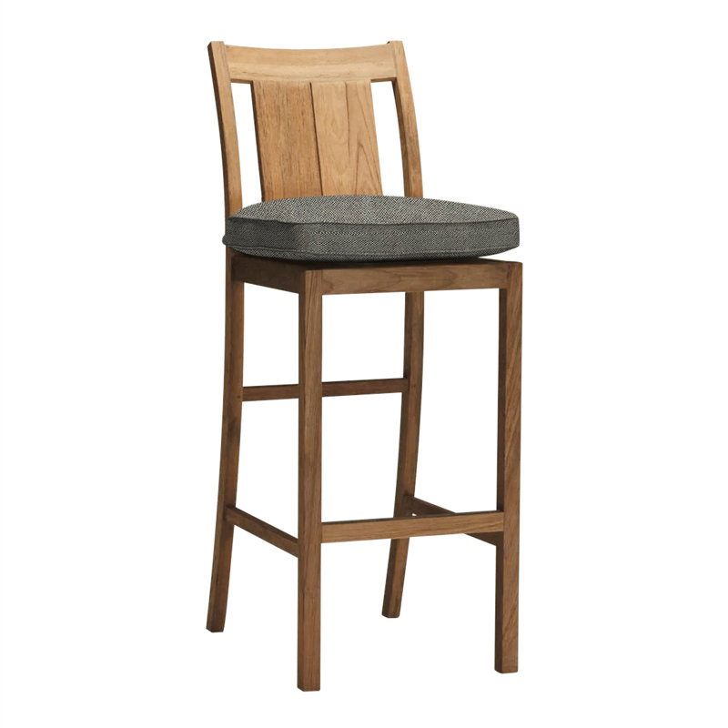 Croquet 24.5" Patio Bar Stool with Cushion, Welt, Natural Teak, Intermix Bark