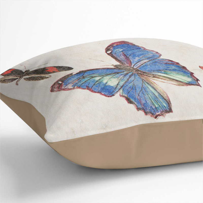 Three Butterflies by Fujishima Takeji Cushion with Filling, Stone, 40cm H x 40cm W x 15cm D