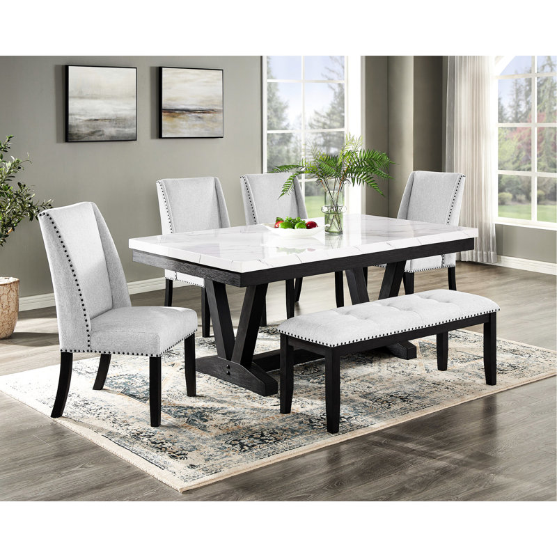 1 table de salle à manger moderne transitionnelle moderne avec plateau rectangulaire en faux marbre blanc et pieds en bois au fini noir