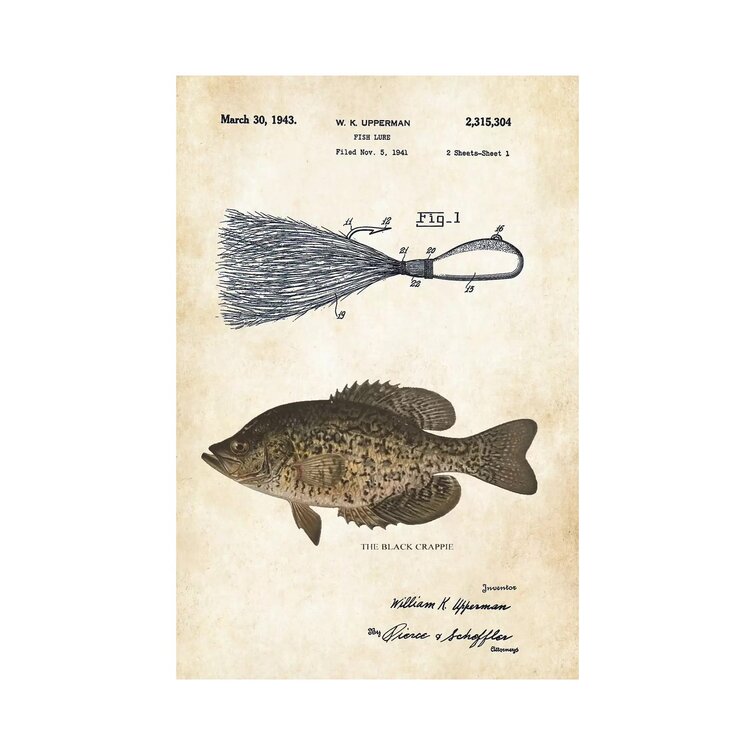 Black Crappie Fishing Lure by Patent77 - Wrapped Canvas Graphic Art East Urban Home Size: 26 H x 18 W x 1.5 D