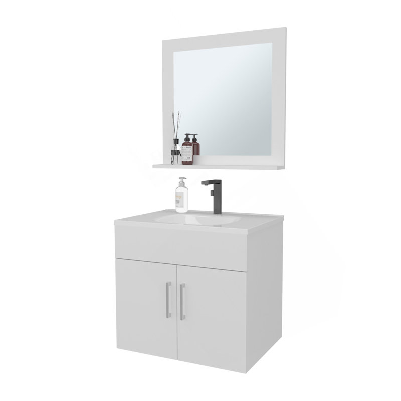 Ensemble de meuble-lavabo flottant blanc 2 portes avec lavabo et miroir, Blanc