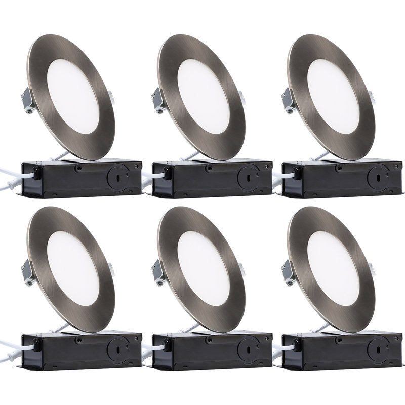 4" Thin LED Recessed Lights with J-Box, Dimmable Canless Ceiling Downlight, CRI 90, 2700K Soft White, Satin Nickel