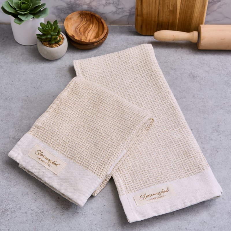 Washed Waffle Dishtowel Set/2, Pebble, Beige