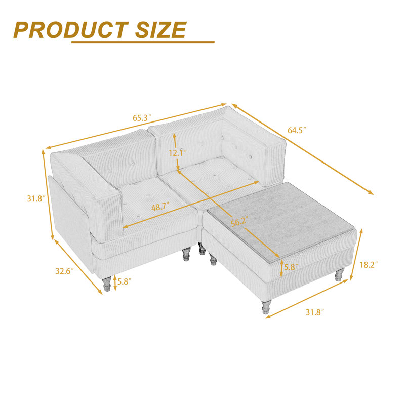 3 - Piece Upholstered Light Gray Tufted Corduroy Modular Sectional with Pillow and Removable Flip-Tray Top Storage Ottoman