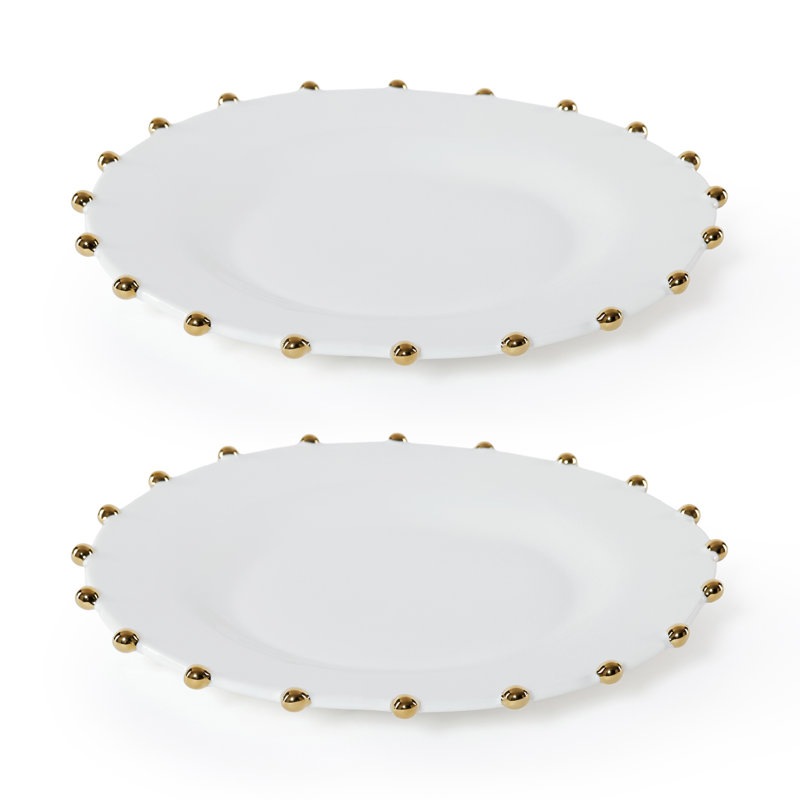 Assiettes de présentation en porcelaine blanche céleste avec bordure perlée dorée, lot de 2