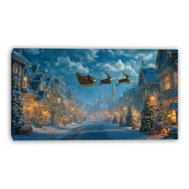 Père Noël au-dessus de la ville, art mural sur toile, 24 po x 42 po