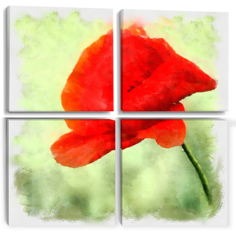 Red Barrel Studio® Big Poppy Flower Watercolor On Canvas 4 Pieces ...