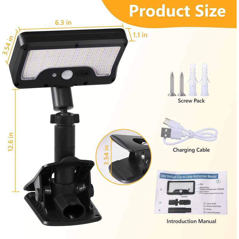 Éclairage de sécurité d'extérieur à DEL à pince, double charge solaire et USB, capteur de mouvement avec télécommande, 3 températures de couleur, tête de lampe réglable à 360 °, paquet de 1