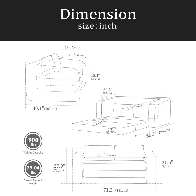 Canapé-lit escamotable pliable 71 po 2-en-1 avec accoudoirs et coussins de dossier, canapé-lit convertible en chenille désossé, avec matelas, lit de repos, canapé-lit, salon, chambre d'amis, dortoir