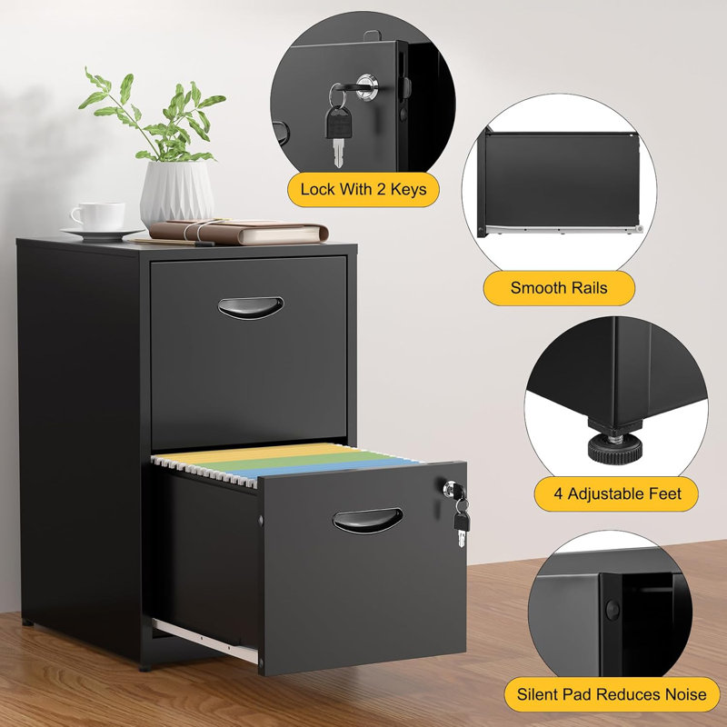 Black 26'' Vertical Metal 2 Drawer Lockable File Cabinet
