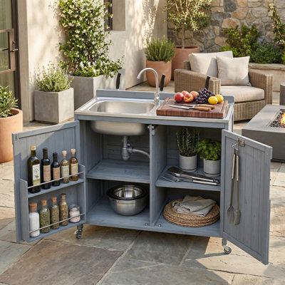 39.4" Outdoor Kitchen Island With Sink, Hose Hook Up & Faucet
