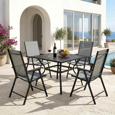 Ensemble de table de salle à manger d'extérieur, table carrée noire en métal de 37 pouces avec 4 chaises pliantes