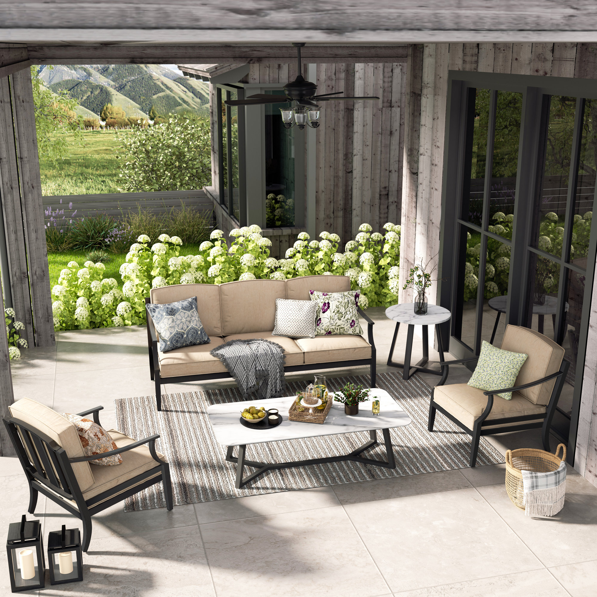 Tamarin 5 Pieces Aluminum Patio Conversation Seating Group With Sunbrella® Cushions And Sintered Stone Table