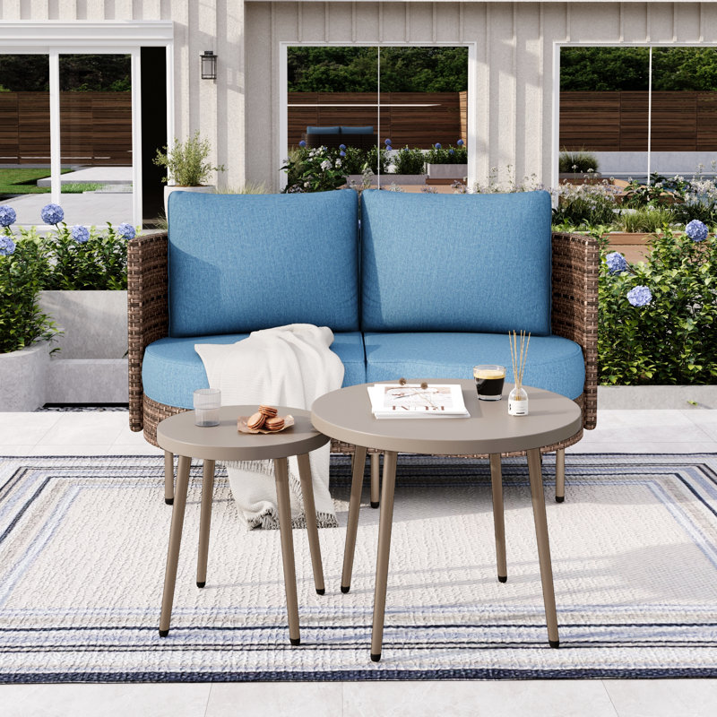 Round Curved Wicker Outdoor Patio Loveseat With Cushions And Two Coffee Tables