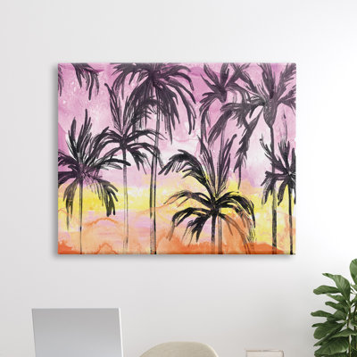 " Tropical Island Sunset Whimsical Palm Trees Silhouettes "